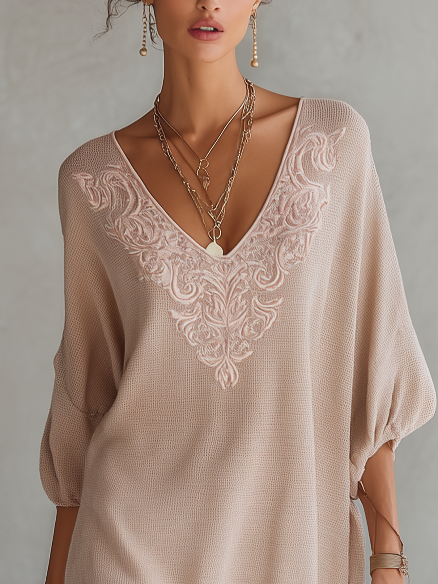 Vintage Embroidered Blush Pink Knit Mini Dress With Ruffle Hem