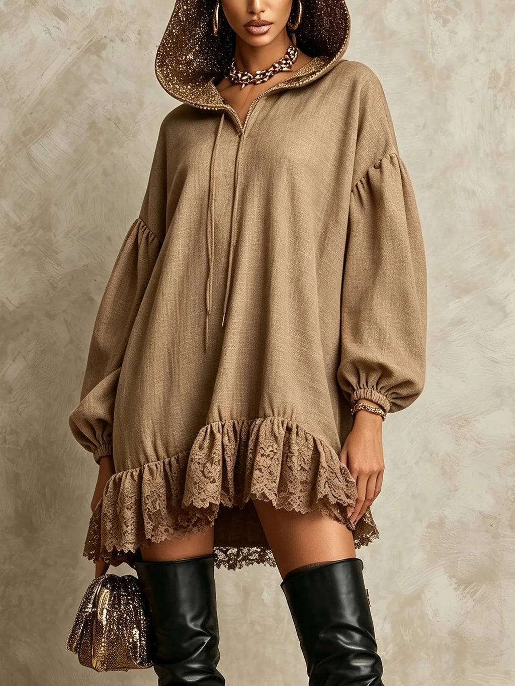 Khaki Hooded Lace Hem Oversized Mini Dress