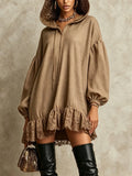 Khaki Hooded Lace Hem Oversized Mini Dress