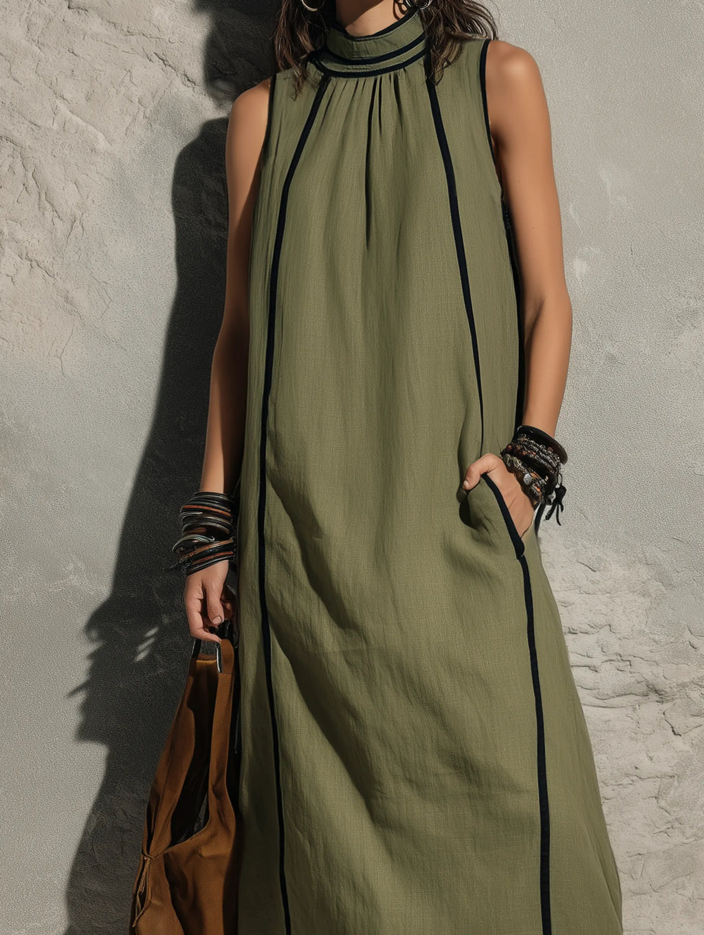 Women's Casual Army Green Cotton-linen Sleeveless Maxi Dress With A High Neck MDZ0762G3LXY