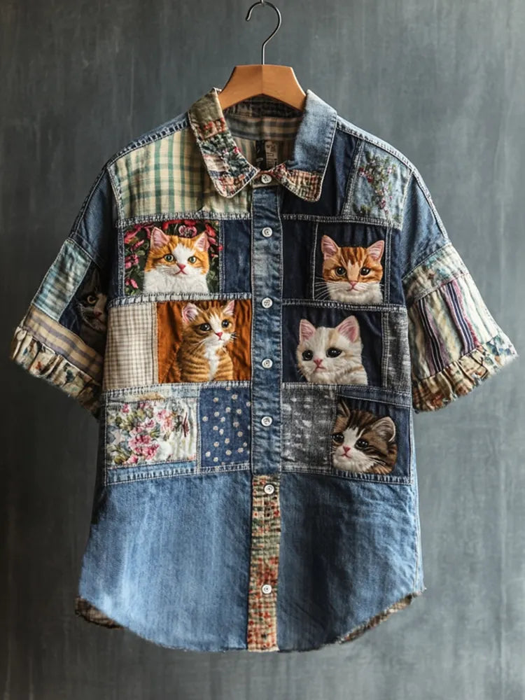 Casual Pop Art Patchwork Cat Denim Shirt
