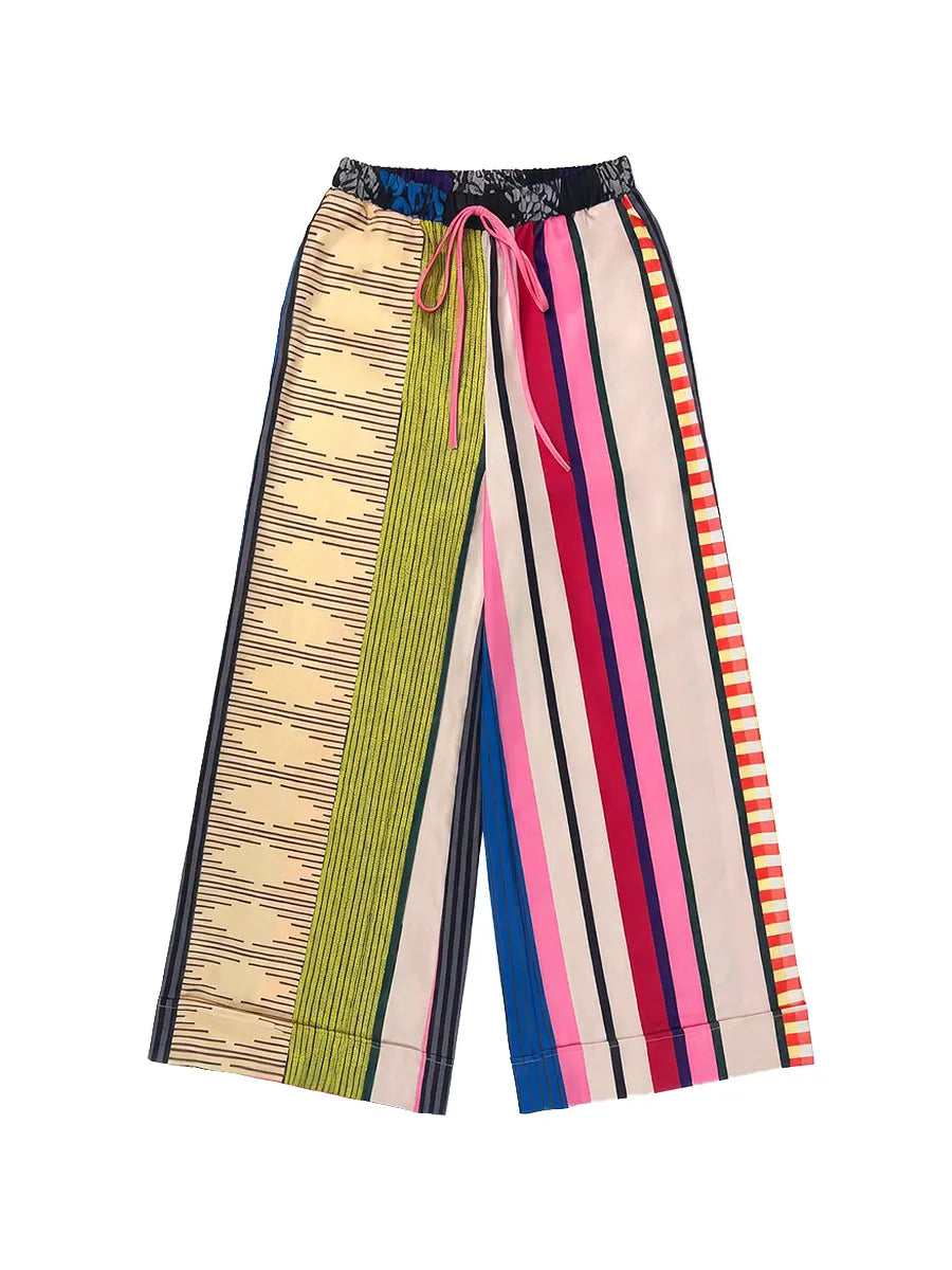 Loose Wide Leg Contrast Color Drawstring Printed Striped Casual Pants Bottoms Trousers