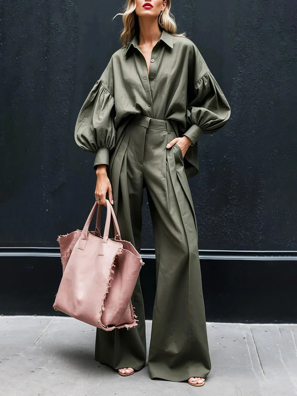 Fashionable Casual Solid Color Lantern Sleeve Loose Button-Down Oversized Shirt