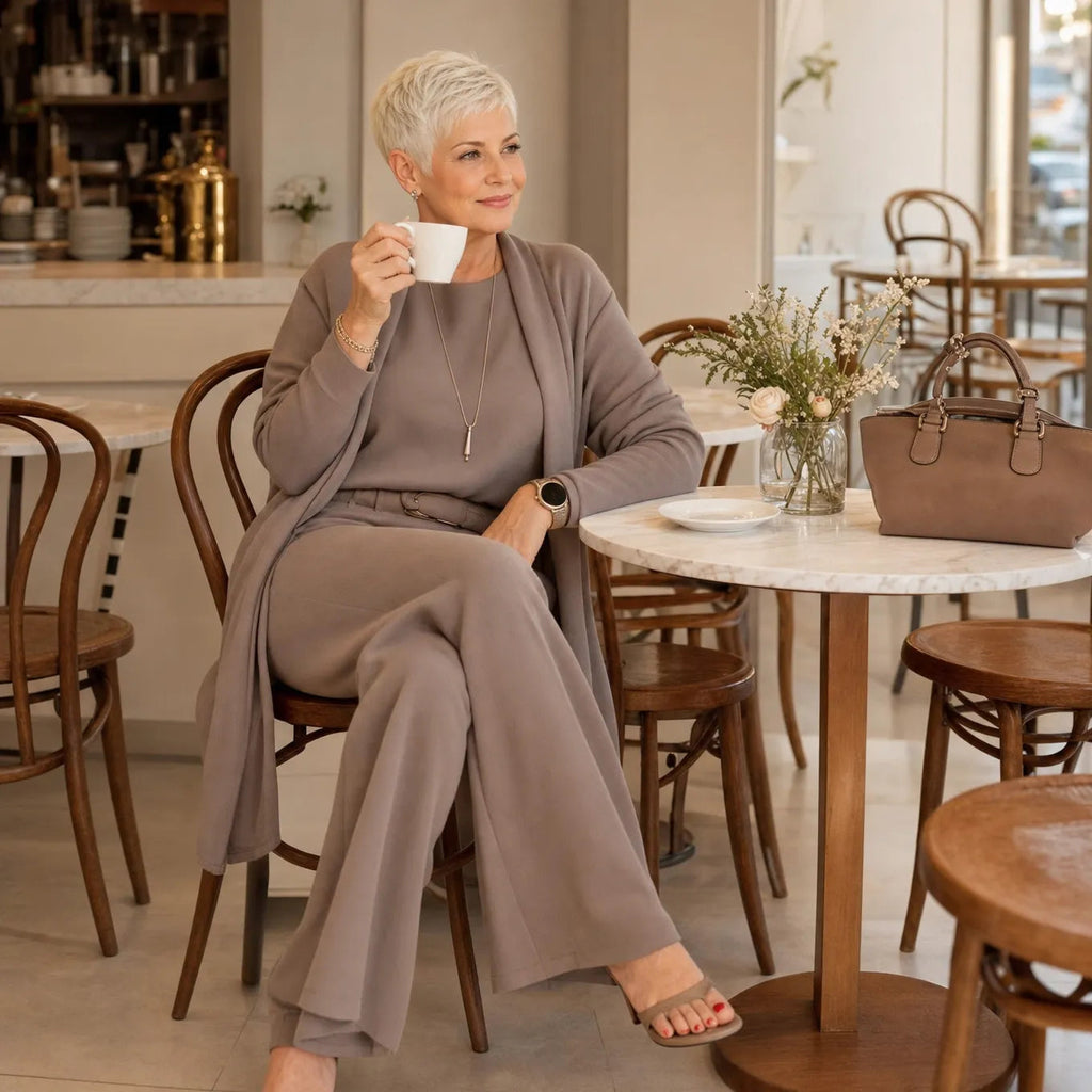 Vivelyn – Three-Piece Matching Set with Wide-Leg Pants and Open Cardigan