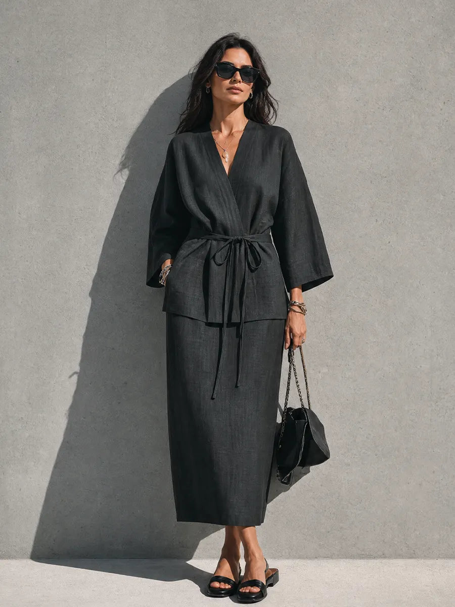 Women's Minimalist Relaxed Style Black Linen Cotton V-Neck 3/4 Sleeve Tie Wrap Top Midi Skirt Set MDZ0733G7GMJ