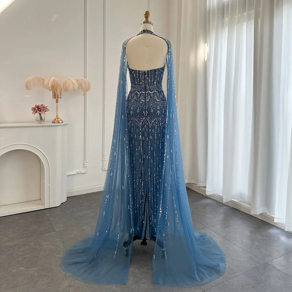 DreamyVow  Luxury Dubai Mermaid Pink Evening Dresses with Cape Sleeves 2023 Arabic Women Wedding Guest Formal Party Gowns 361