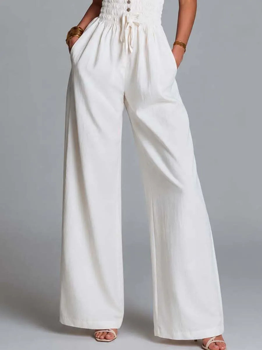 White Cotton Blend Ruffled Strap Smocked Wide-Leg Jumpsuit