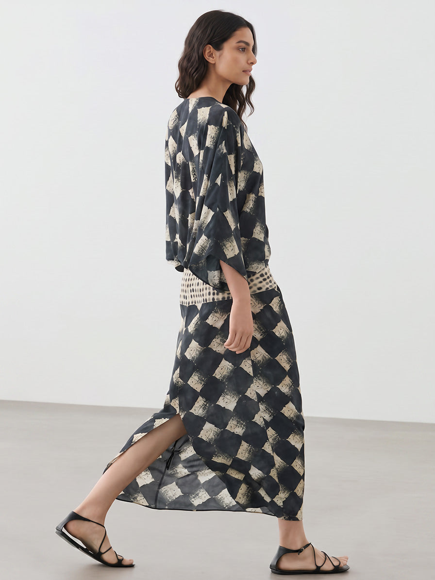 Casual Abstract Plaid Print Kimono Sleeve Maxi Dress