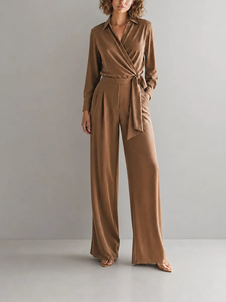 Caramel Wrap Tie Long Sleeve Shirt & Wide Leg Pants Two-Piece Set MDZ1754G3CMX