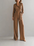 Caramel Wrap Tie Long Sleeve Shirt & Wide Leg Pants Two-Piece Set MDZ1754G3CMX