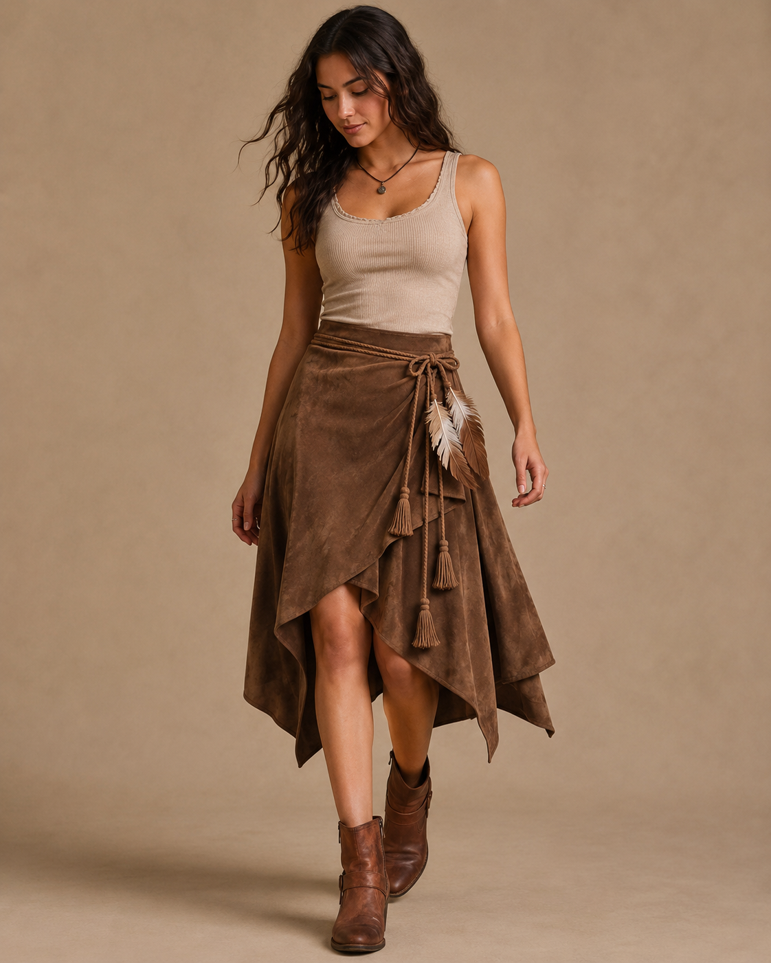 Brown Asymmetric Suede Wrap Skirt