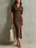 Women's Casual Brown Stretch-knit Midi Dress With Mid-length Sleeves MDZ0607G6LXY