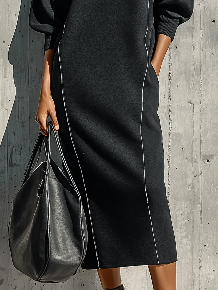 Women's Black Knitted Sweatshirt Fabric Exposed Seam Round Neck Loose Long Sleeve Pocket Midi Dress With White Piping Trim MDZ1549G0YZJ