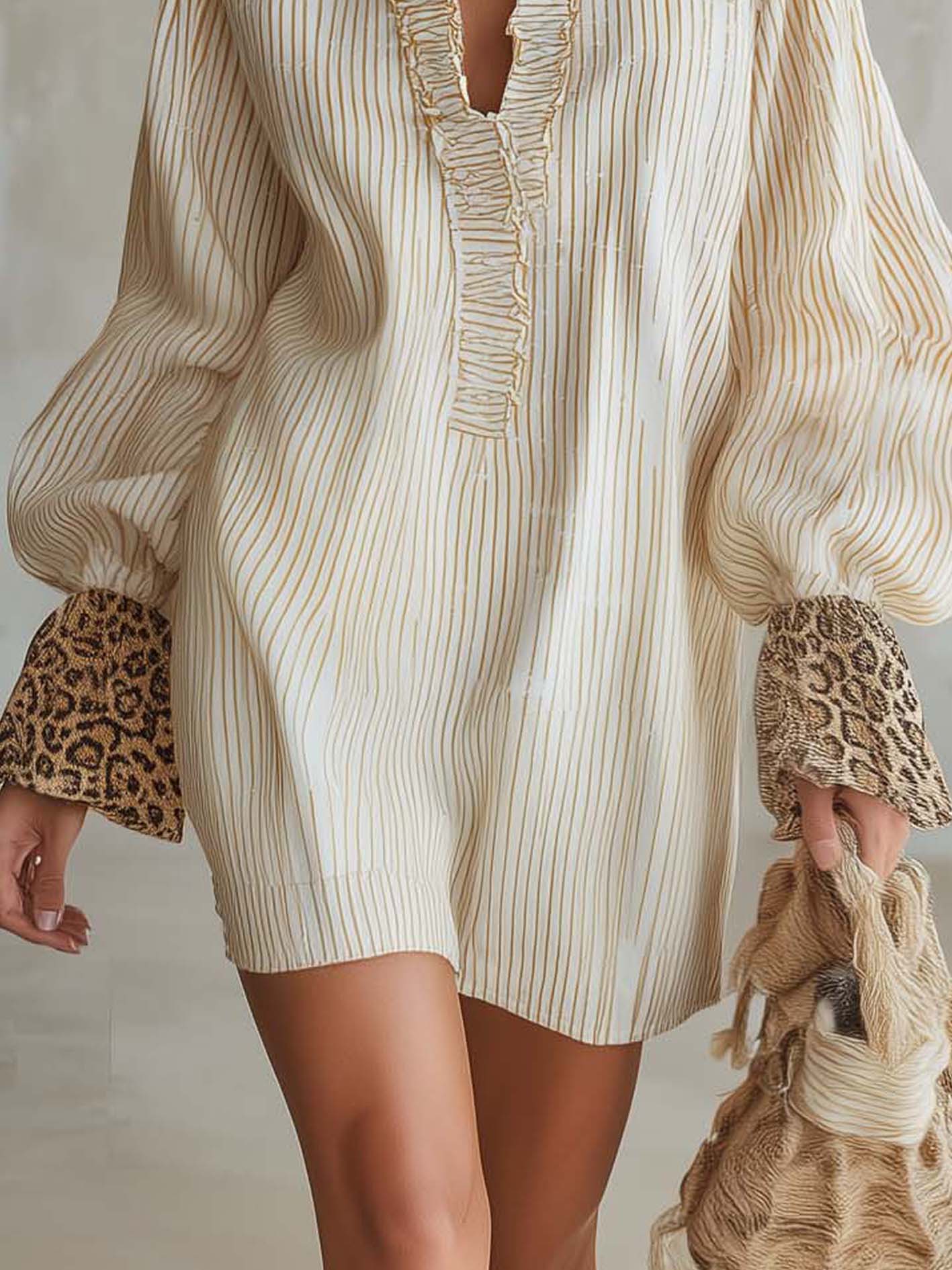White And Gold Striped Mini Dress With Leopard Ruffle Trim