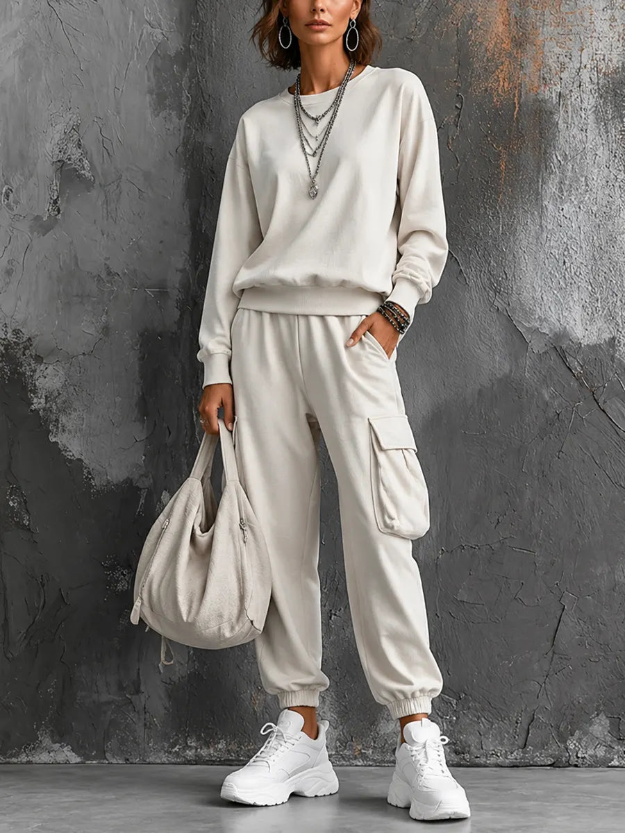 Women's Casual Street Style Off-White Cotton Blend Crew Neck Long-Sleeve Sweatshirt And Cargo Pocket Jogger Pants Set MDZ0630G1GMJ