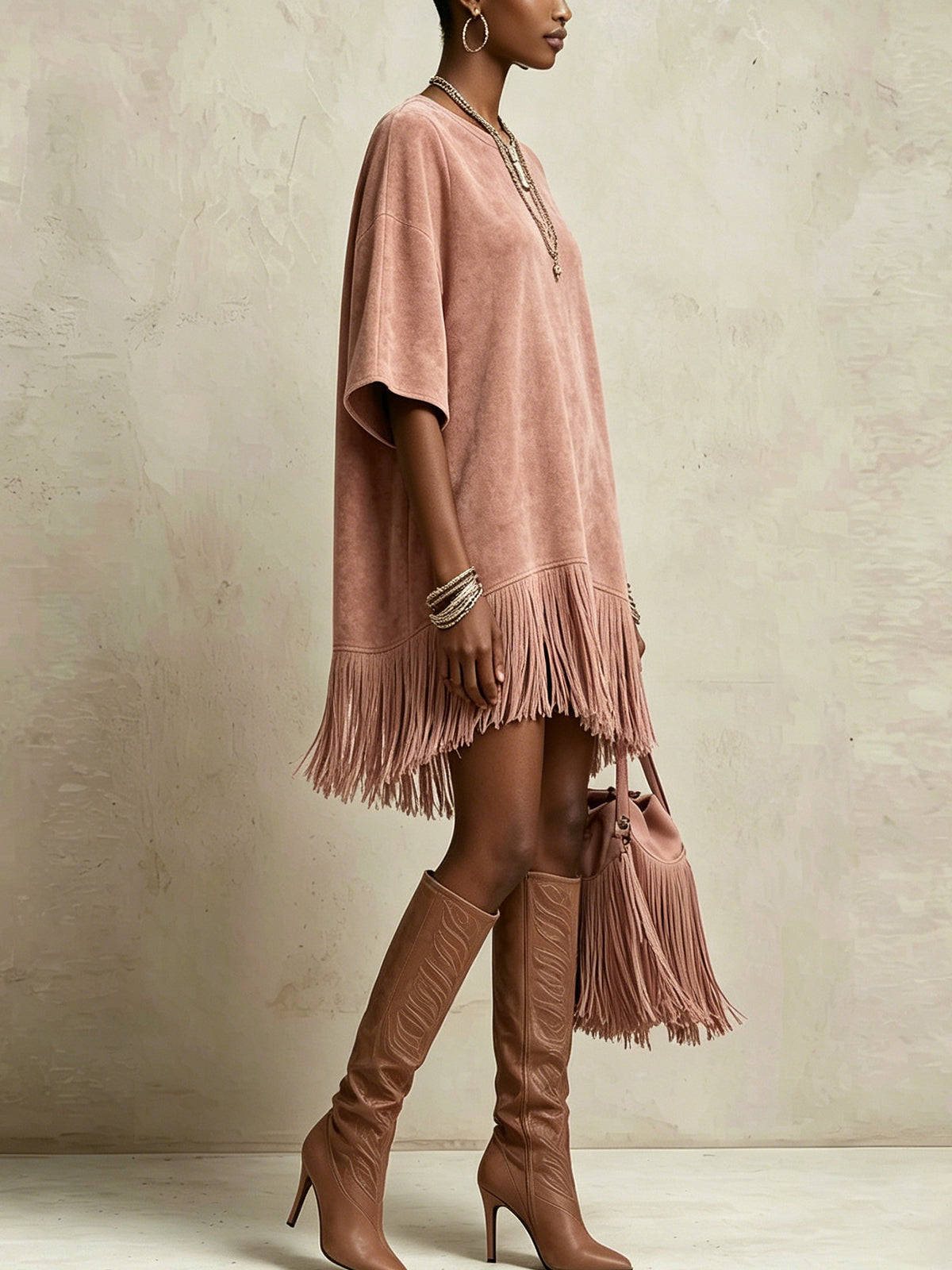 Pink Faux Suede Mini Dress With Fringe Hem And Oversized Sleeves