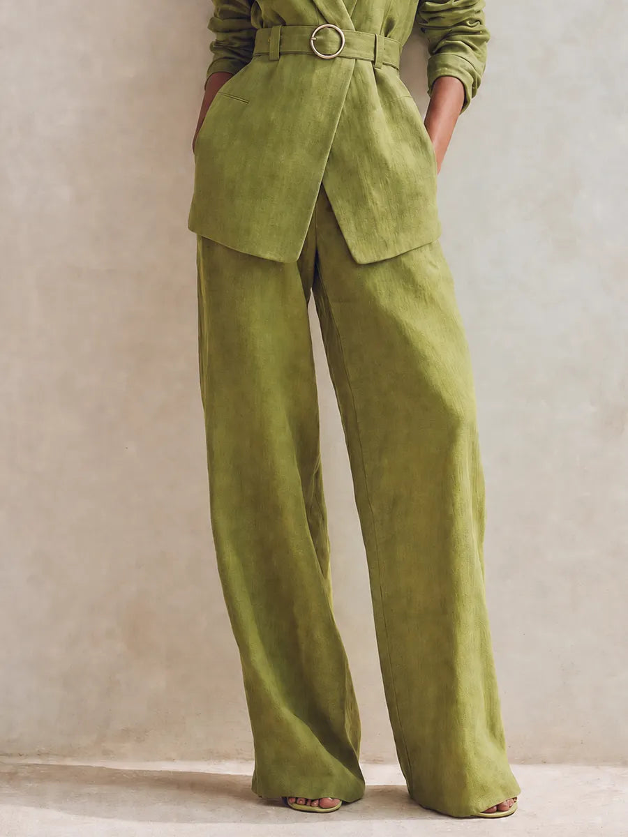 Women's Elegant Workwear Green Peak-Lapel Long-Sleeve Belted Blazer & High-Waisted Wide-Leg Pants Linen Set MDZ1605G6CMX