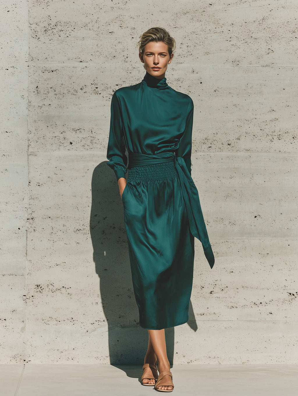Women's Forest Green Glossy Satin Turtleneck Balloon Sleeve Self Fabric Sash Elastic Smocked Waist Casual Midi Dress MDZ2046G1YZJ
