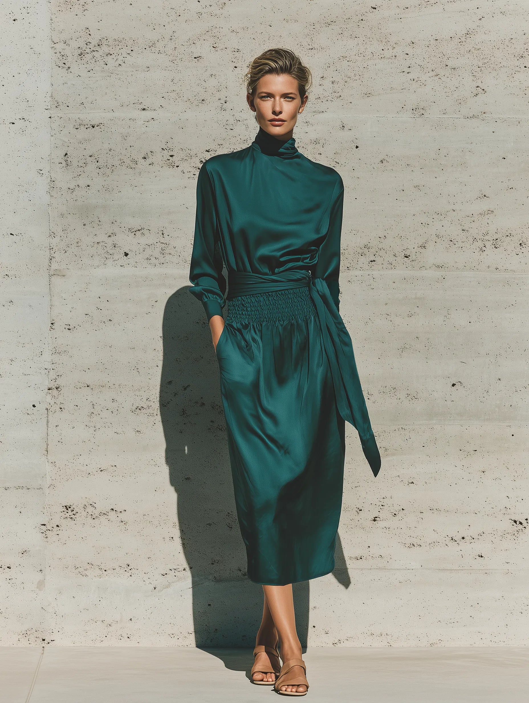 Women's Forest Green Glossy Satin Turtleneck Balloon Sleeve Self Fabric Sash Elastic Smocked Waist Casual Midi Dress MDZ2046G1YZJ
