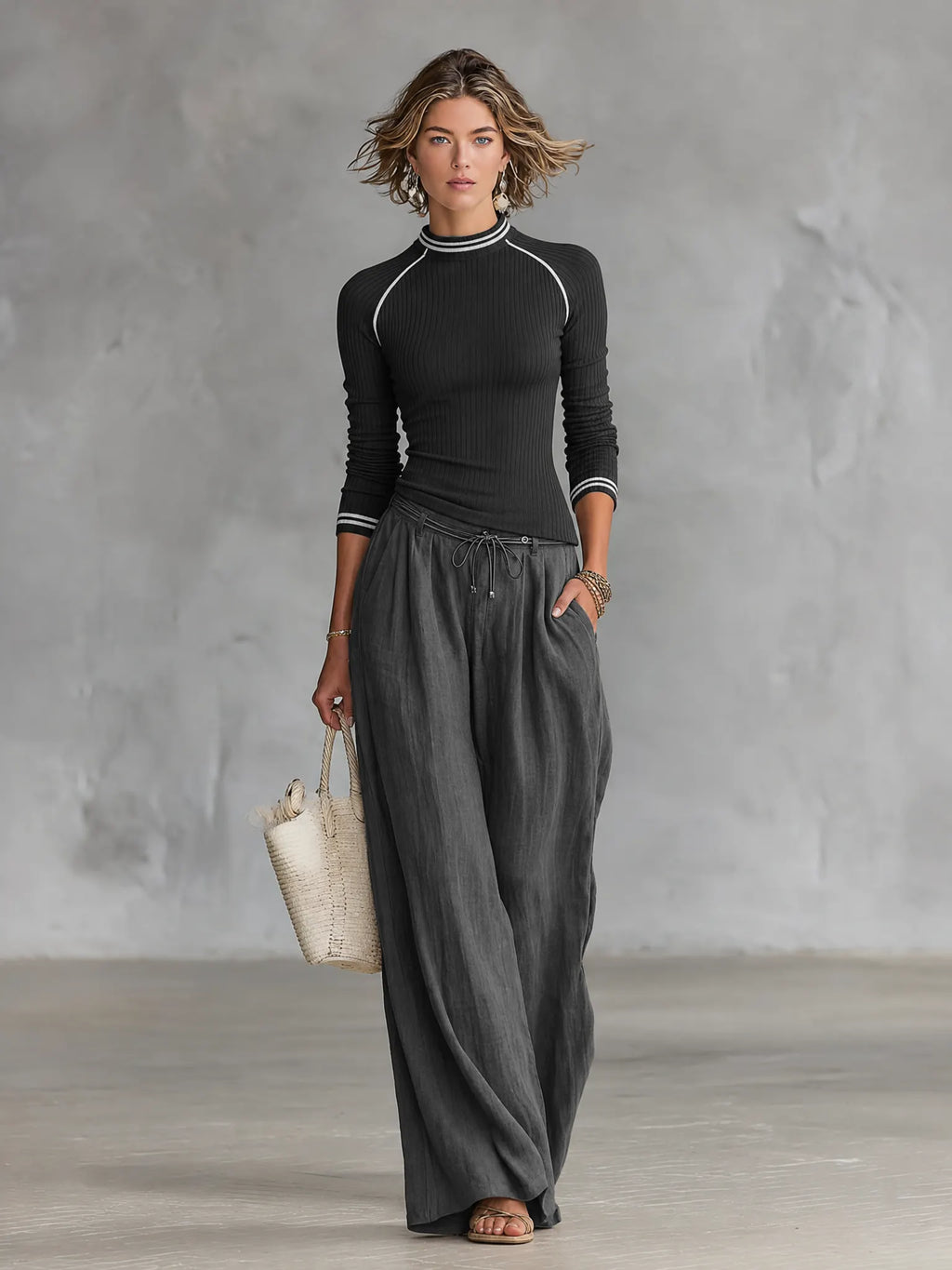 Women's Casual Ribbed Sweater And Wide-Leg Pants Set MDZ2736G1WY