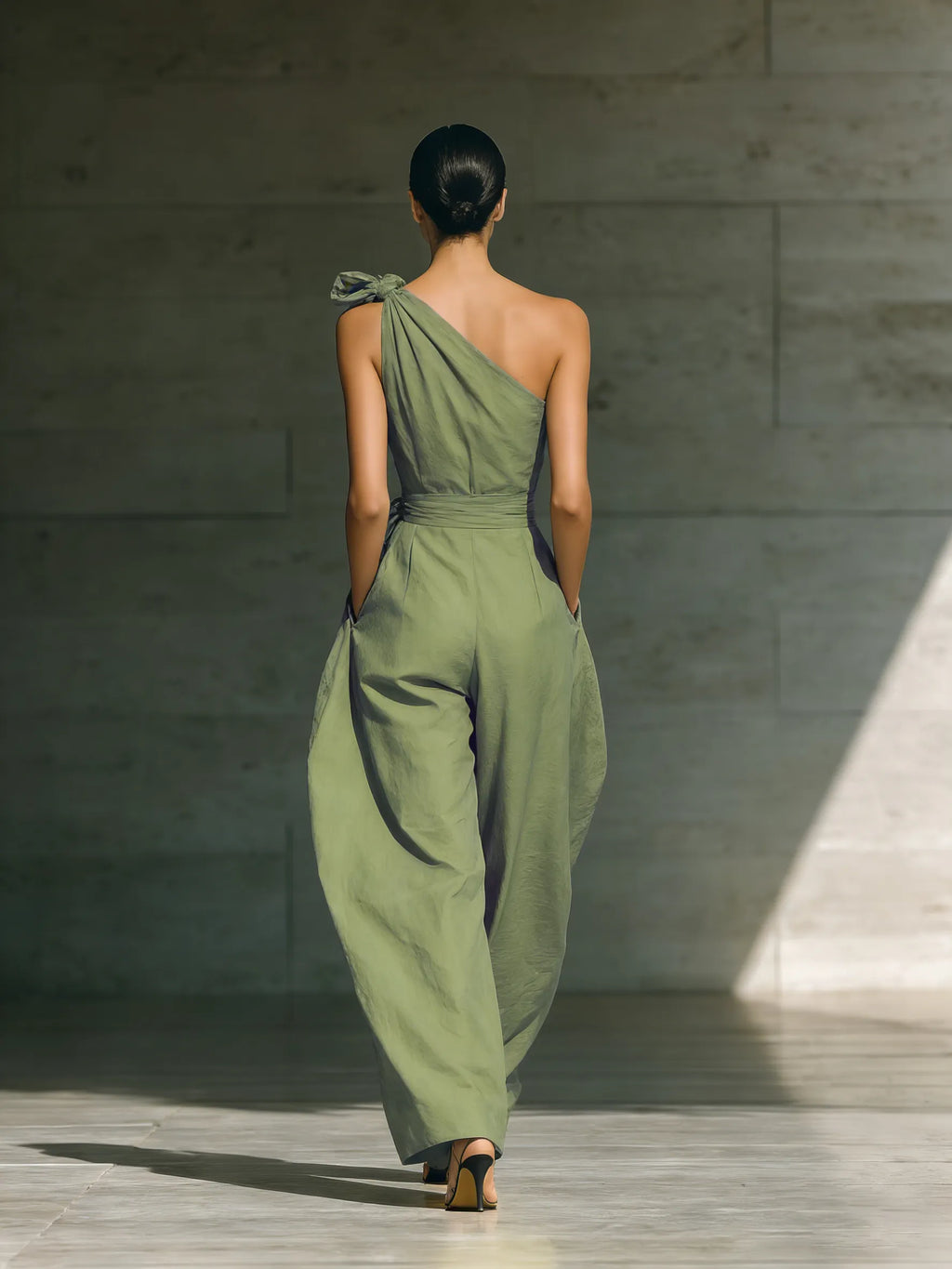Women's Light Green Cotton And Linen Blend One-Shoulder Wide-Leg Jumpsuit With Tie Waist MDZ3136A8T