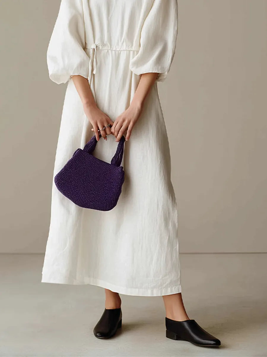 Women's Cream Textured Cotton-Blend Maxi Gown With Drop Shoulder Lantern Sleeves & Self Tie Waist Detail, Modern Effortless-Chic Everyday Maxi Dress MDZ0685G0LYL