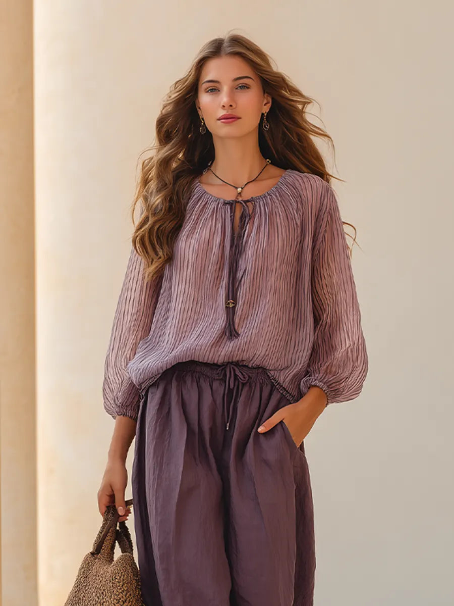 Women's Lavender Stripe Sheer Woven Co-Ord With Tie Neck Puff Sleeve Blouse & Solid Drawstring Wide Leg Trousers, Minimalist Effortless-Chic Summer Two-Piece Set MDZ0236G3LYL
