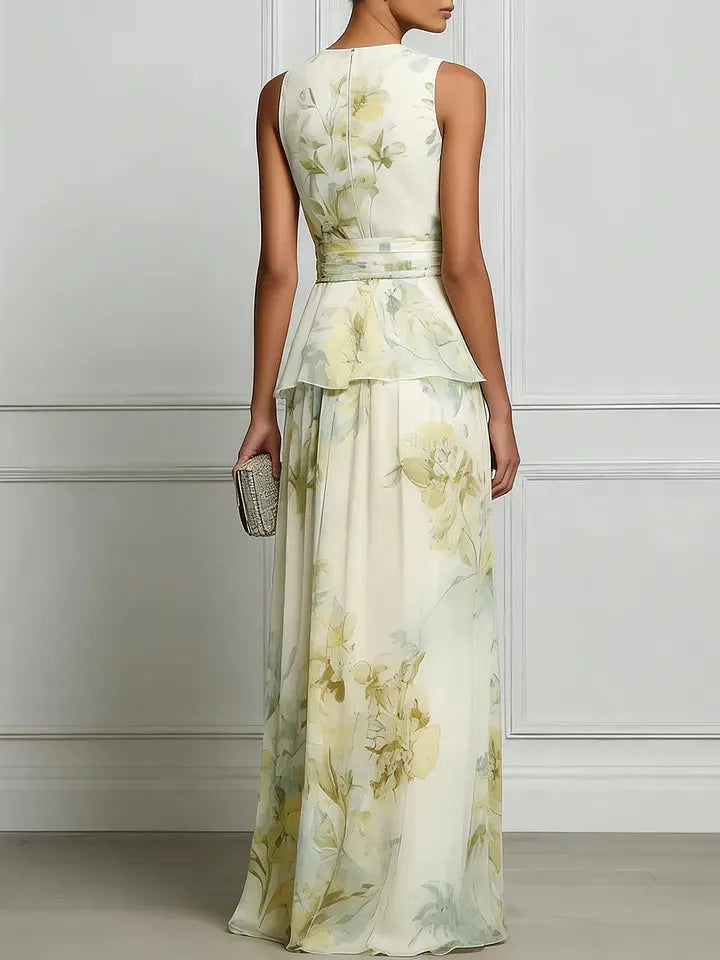Layered Floral Sleeveless Waist Flowing Maxi Dress