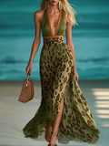 Color-block Patchwork Halter Chiffon Dress With Leopard Print And Slit