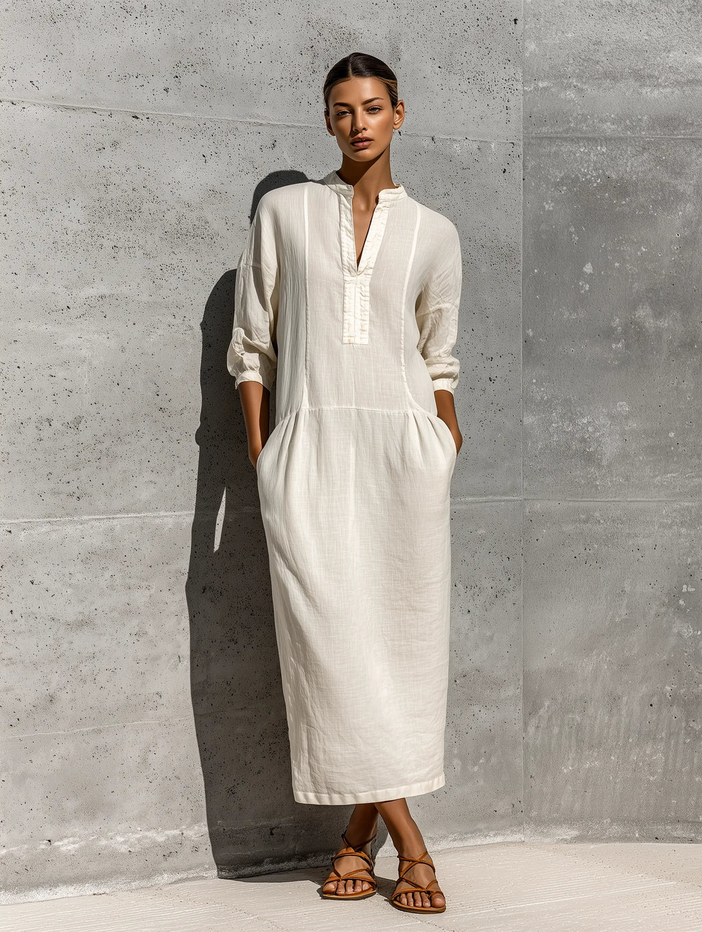 Women's Off White Cotton-linen Blend Stand Collar Split Neck Three Quarter Sleeve Pocket Midi Dress MDZ0815G3YZJ