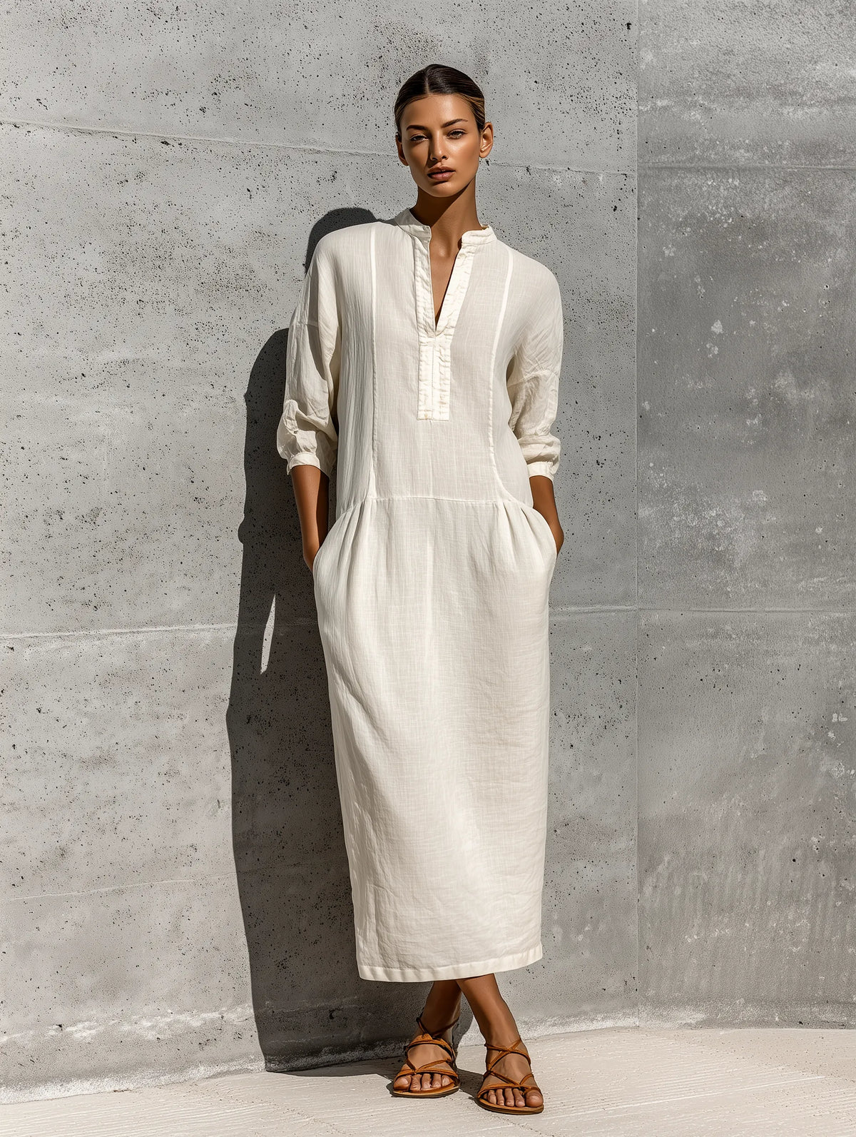 Women's Off White Cotton-linen Blend Stand Collar Split Neck Three Quarter Sleeve Pocket Midi Dress MDZ0815G3YZJ