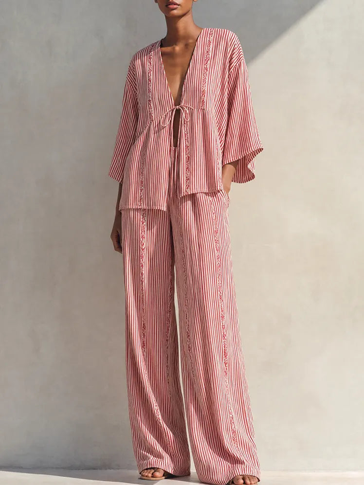 Women's Bohemian Red And White Striped Viscose Blend V-Neck Tie Front Kimono Sleeve Top And Wide-Leg Pants Two-Piece Set MDZ1490G4ZSQ