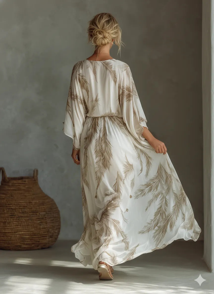 Women's Ivory And Taupe Chiffon Fabric Dolman Sleeve Maxi Dress With Twist Front & Palm Leaf Print MDZ0332B6T