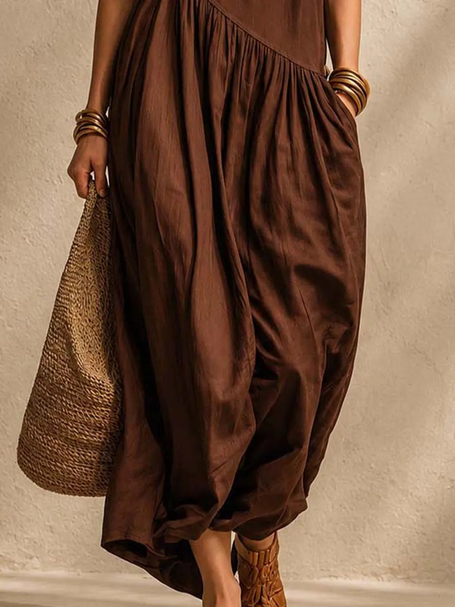 Old Money Wind Tencel Blend Linen Asymmetrical Cut Shirt Mid-Length Dress