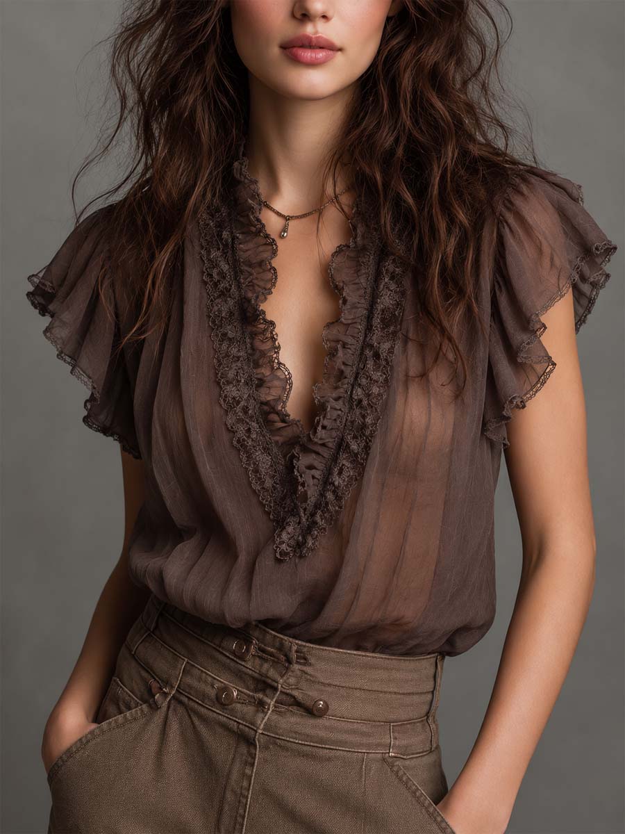 Mocha Brown Crinkled Chiffon Lace-Trimmed Flutter Sleeve Blouse