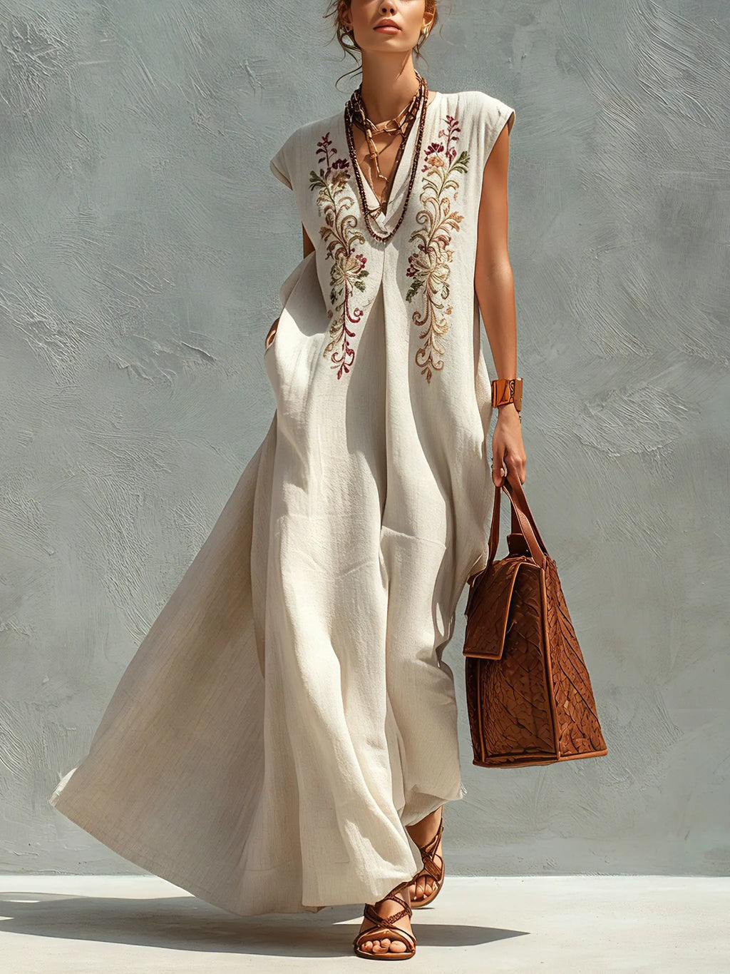 Beige Linen Blend Sleeveless Embroidered Maxi Dress