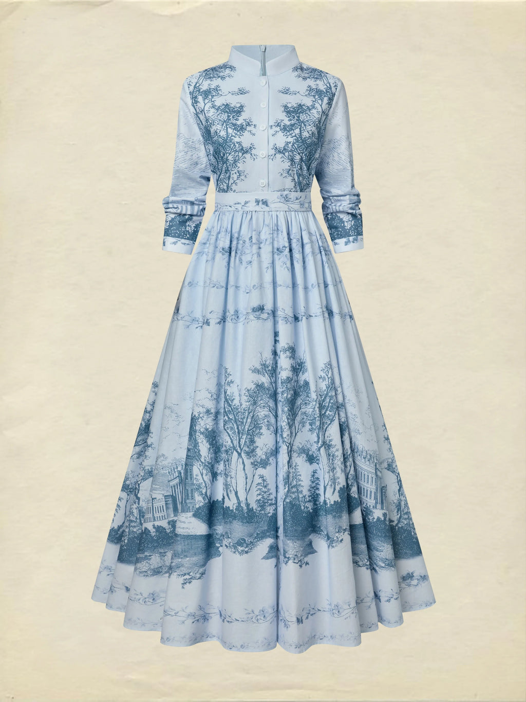 Maxi Cotton Dress, Long Sleeves, Stand Collar, Floral, Pocket Design, Vintage, Blue