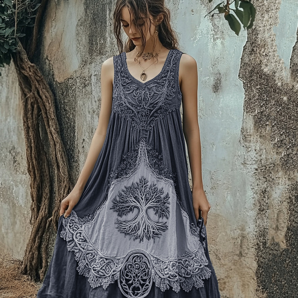 Vintage Tribal Viking Tree Of Life Celtic Knot Linen Blend Tank Midi Dress