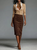 Women's Camel Knit & Brown Faux Suede Two-Piece Set With V Neck Button Cardigan & Front Button Midi Pencil Skirt, Retro Smart Casual Matching Outfit MDZ1371G2LYL