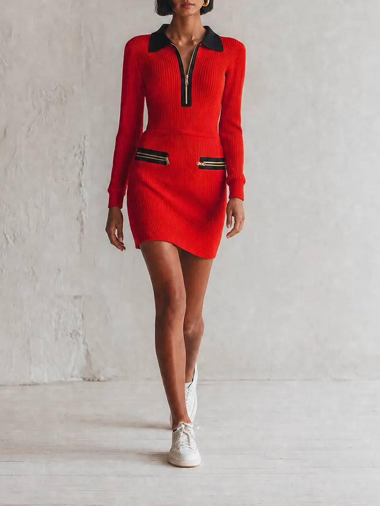 Women's Sporty Chic Red Ribbed Knit Contrast Collar Half-Zip Long Sleeve Zip Pocket Bodycon Mini Dress MDZ1409G9ZSQ