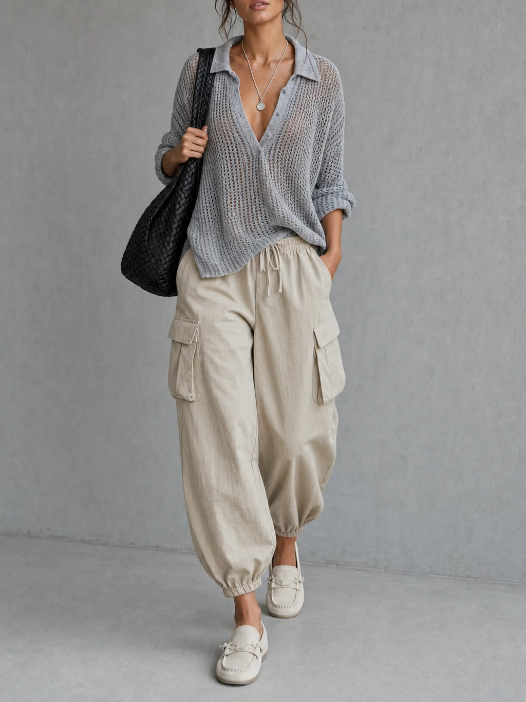 Women's Casual Grey Open-knit V-neck Long-sleeve Top Paired With Khaki Woven Trousers MDZ2413G5LXY