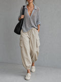 Women's Casual Grey Open-knit V-neck Long-sleeve Top Paired With Khaki Woven Trousers MDZ2413G5LXY