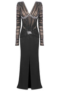 Long Sleeve Embellished Ruched Mesh Maxi Dress Black