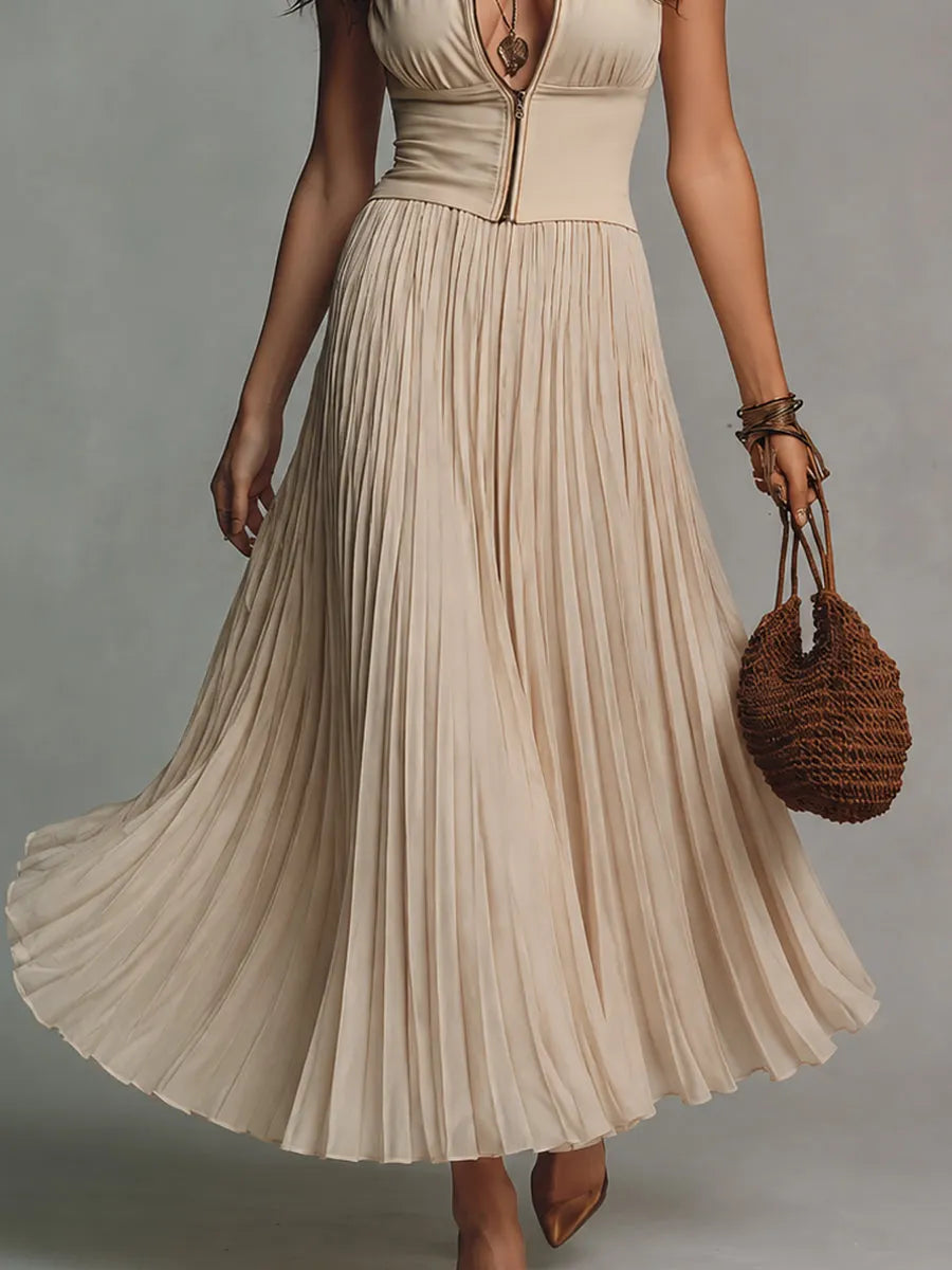 Retro Stand-Collar Front-Zip Pleated Chiffon-Paneled Maxi Dress