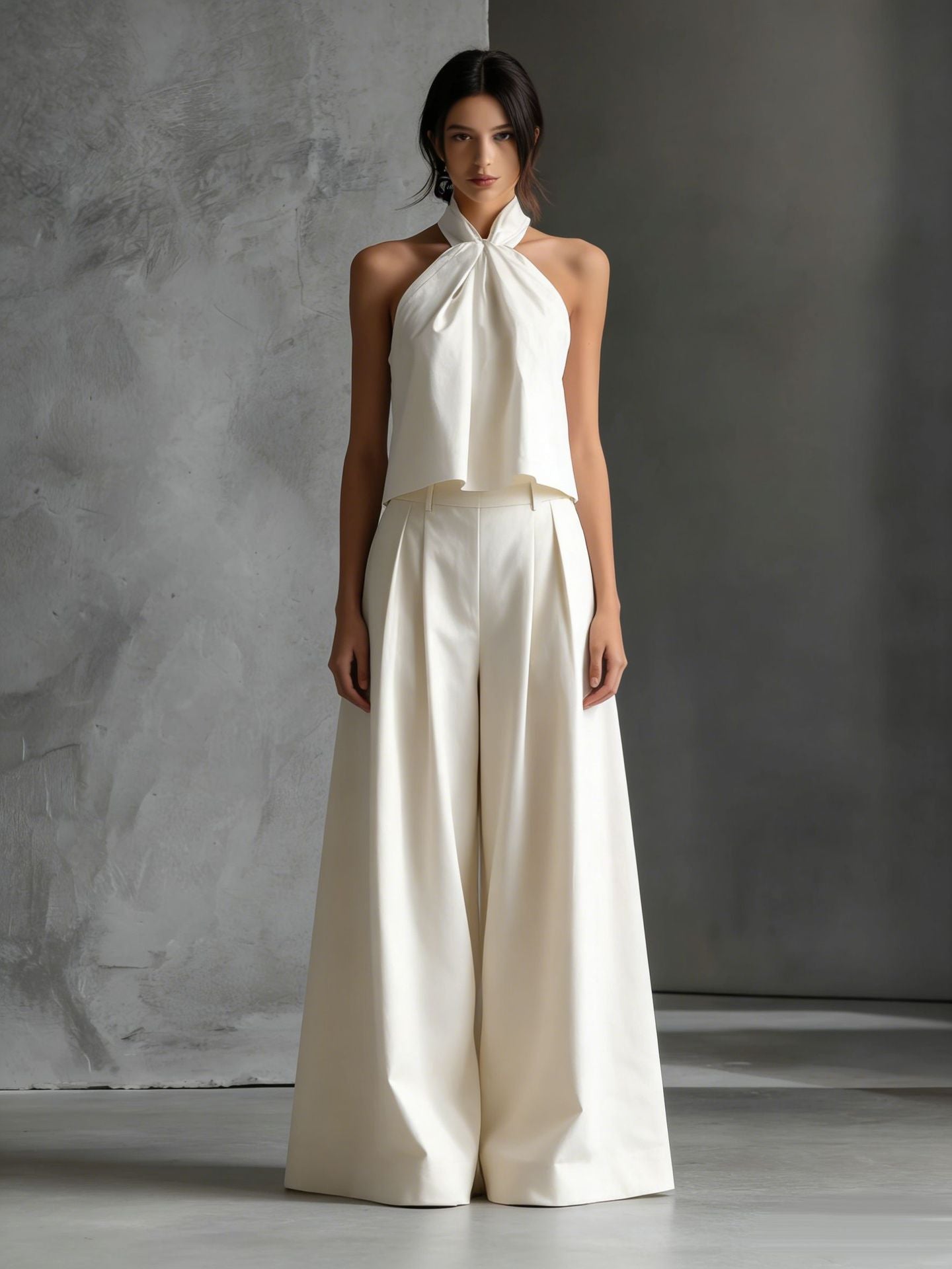Minimalist Halter Neck Two-Piece Set - Chic Sleeveless Crop Top & High-Waisted Wide-Leg Pants Summer Suite
