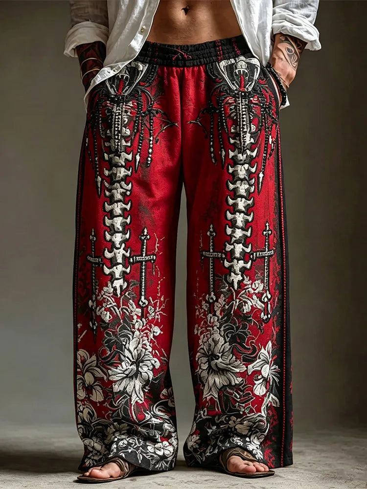 Halloween Bohemian Gothic Spine Skeleton Cross Floral Printed Wide Leg Linen Pants