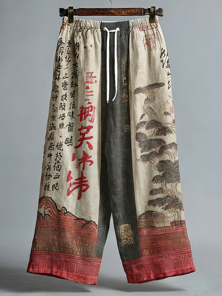 Japanese Pine And Calligraphy Pattern Linen Blend Trousers Pants