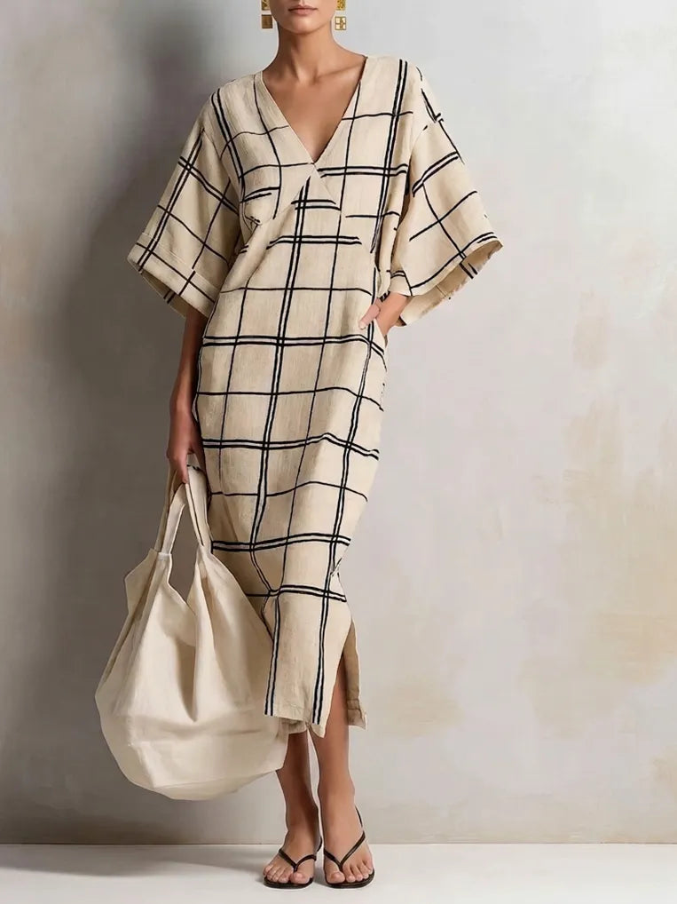 Women's Minimalist Beige Cotton Linen Blend Windowpane Check V-Neck Kaftan Midi Dress MDZ1087G8ZSQ