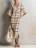 Women's Minimalist Beige Cotton Linen Blend Windowpane Check V-Neck Kaftan Midi Dress MDZ1087G8ZSQ