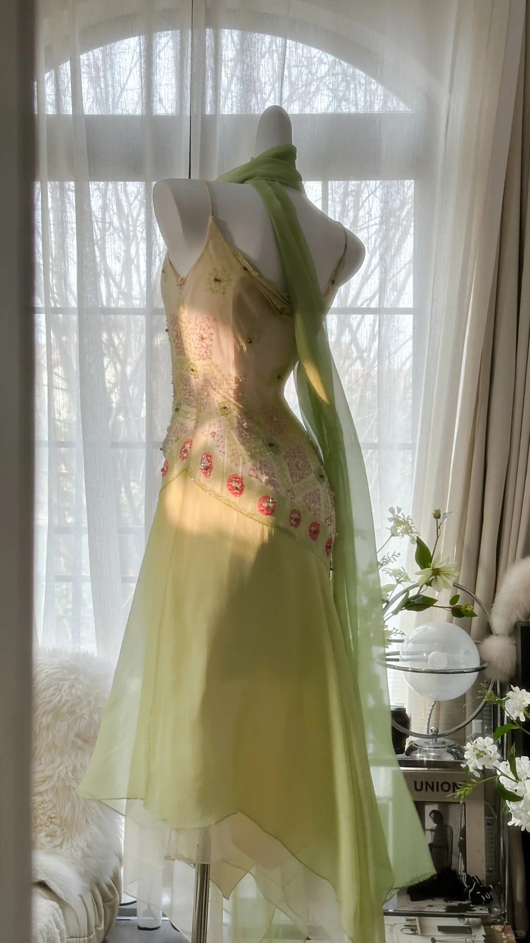 Green Elegant Romantic Delicate Floral Beading Spaetti Strap Long Chiffon Homecoming Ball Gown Evening Dress Birthday/Wedding Guest/Holiday Party Dress Prom Dress 4024